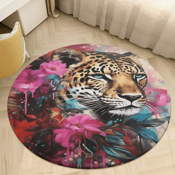 Forest Leopard Round Area Rugs for Bedroom Living Room, 3FT Soft Indoor Circle Carpets, Carpet Home Decor Floor Mat