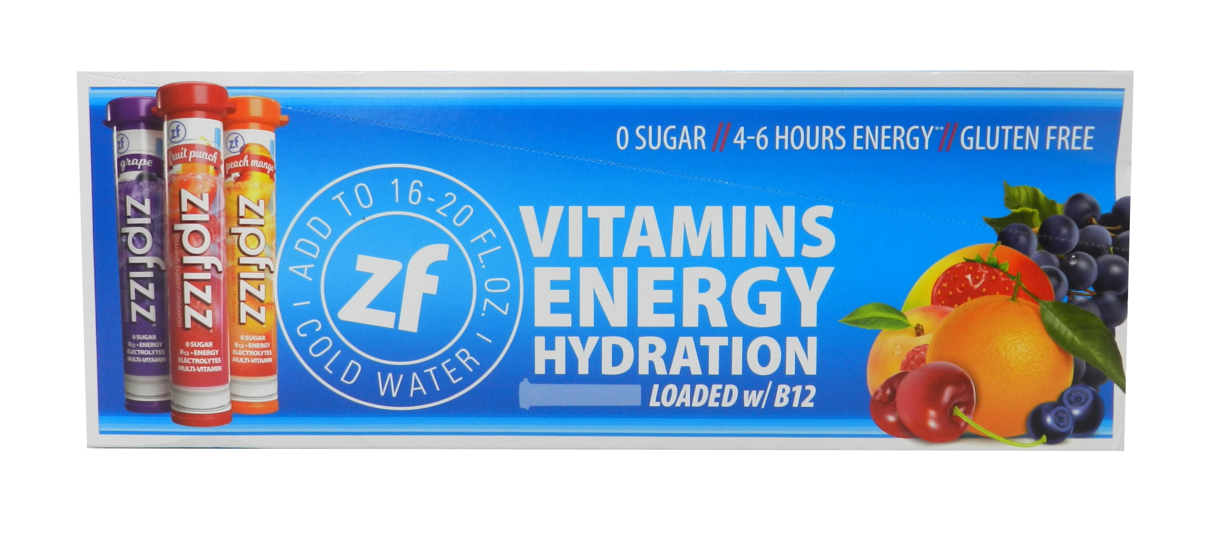 ZipFizz Grape, Fruit Punch & Peach Mango Combo Pack B12 Energy 30 Tubes
