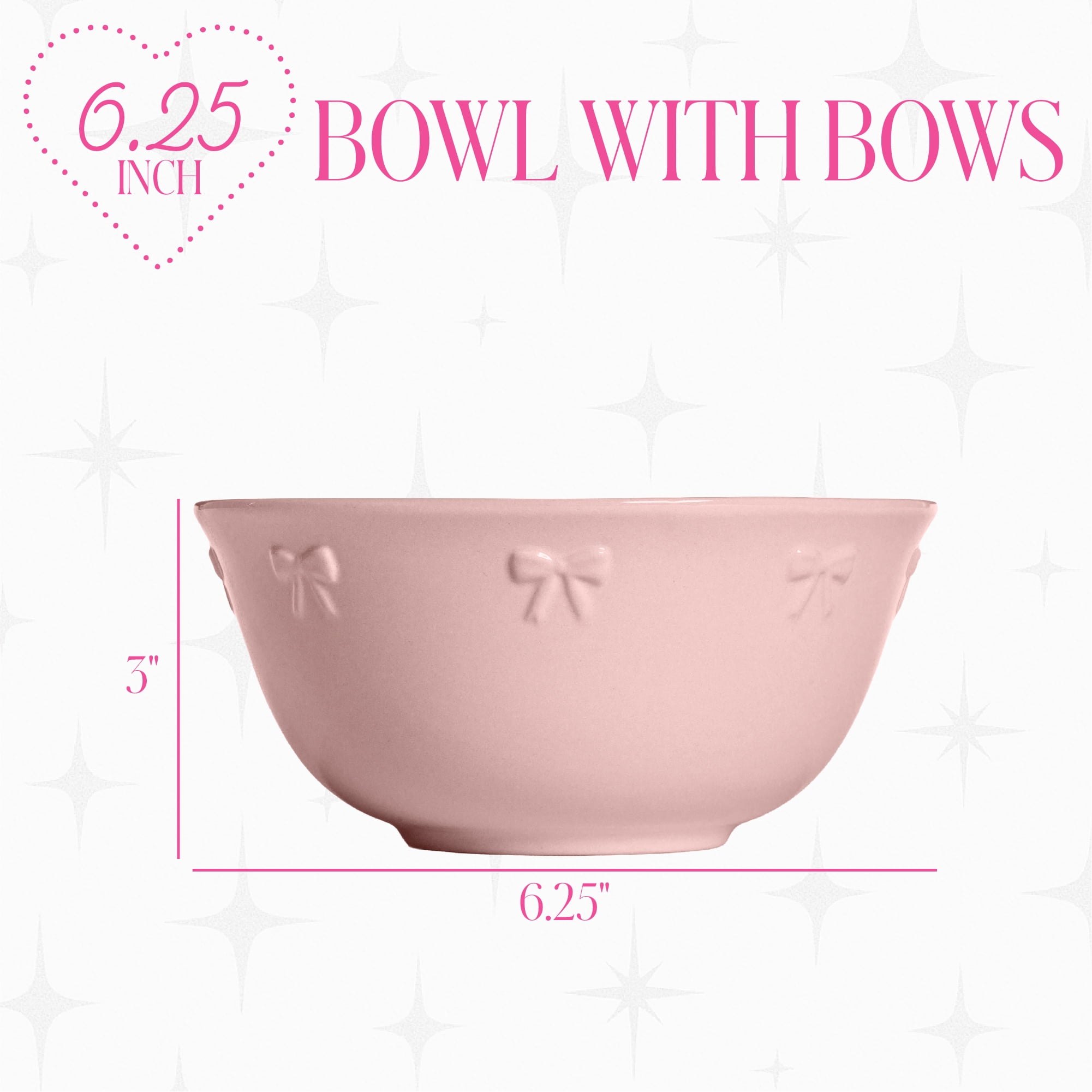 Paris Hilton London Collection 6.25-Inch Ceramic Soup Bowl, Cereal & Snack Bowl, Microwave Safe, Blush Pink with Embossed Bow Detailing