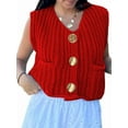 thumbnail image 3 of Women'S Sleeveless Cropped Knit Cardigan 2025 Casual Button Down Crochet Sweater Vest Tops with Pockets Big Red L, 3 of 9