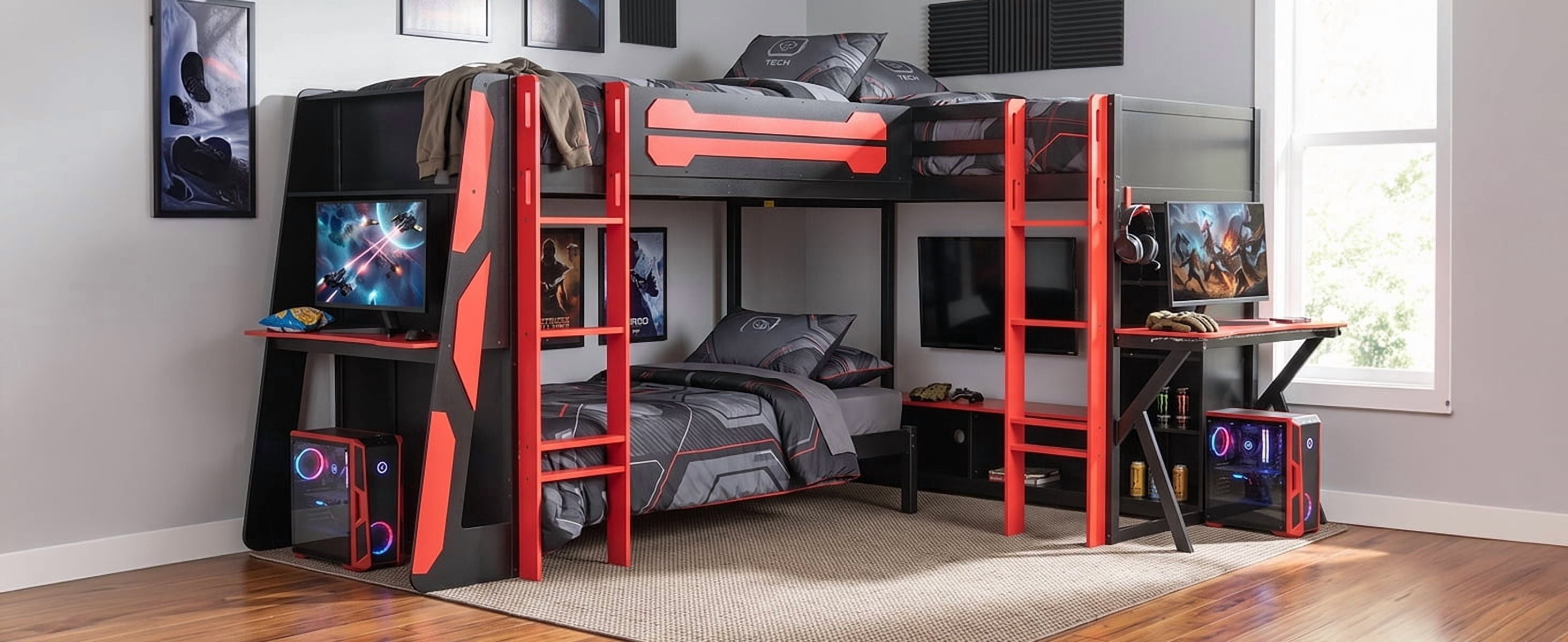 Mintazer L-Shaped Triple Twin Gaming Bunk Bed with 2 Gaming Desks & RGB LED Lights, Triple Bed Frame with USB Charging, TV Stand & Storage Shelves for Bedroom, Black & Purple