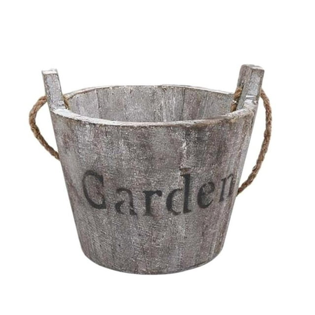 Vintage Wood Bucket Shabby Chic Flower Pots Garden Planter Pot Round Brown