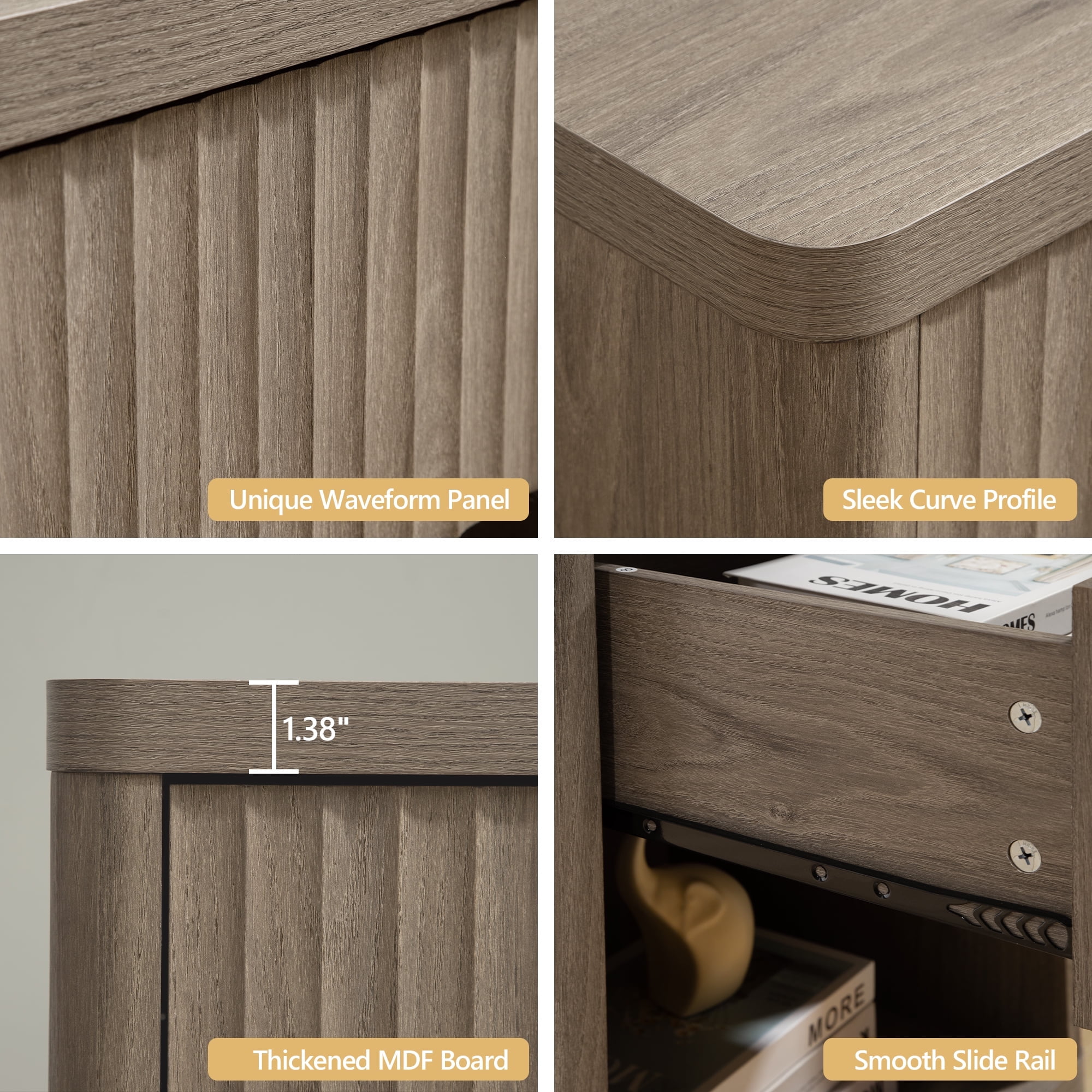 SICOTAS Fluted Nightstands for Bedroom, Farmhouse Bedside Tables with Drawer & Open Shelf,  Wood End Table for Living Room in Grey