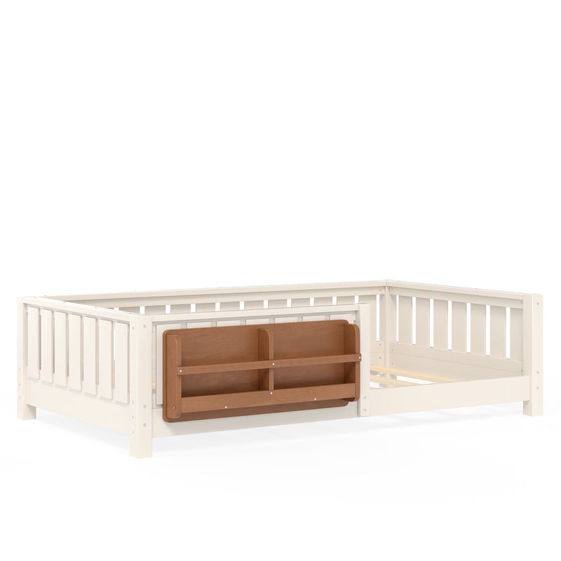 URTR Twin Size Montessori Floor Bed with Storage Bookshelf and High-Quality Safety Guardrail, Wooden Twin Floor Bed Frame, Wooden Platform Bed, Low Profile Twin Bed with Fence and Headboard, Beige