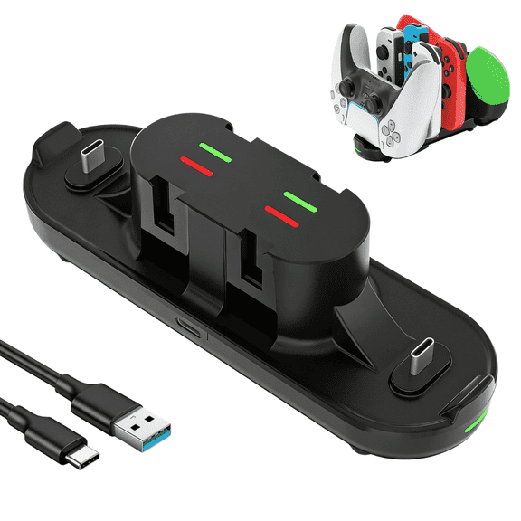 DUANJY 6-in-1 Controller Charging Dock, Rgb Light Type C Charger Stand for Nintendo Switch, Oled, Lite, Joy-Con & Pro Controller, Black