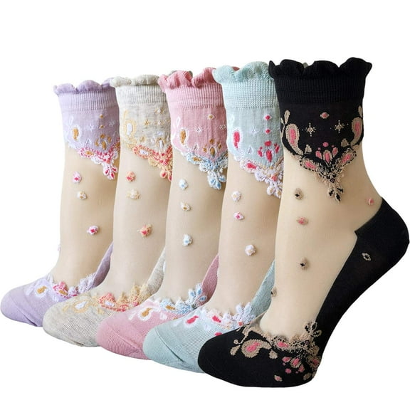 5 Pairs Women Sheer Mesh Socks Ultrathin Fishnet See Through Lace Ankle Socks Summer Transparent Floral Socks, Baroque Style Flower