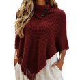 thumbnail image 2 of Holzkary Womens Fringe Turtleneck Poncho Cape ,Crochet Knit Batwing Sleeve Buttons Tassel Sweater Wraps,Irregular Hem Trendy Casual Style Loose Fit Shawl Fall Winter Travel Vacation Brick Red A, 2 of 5