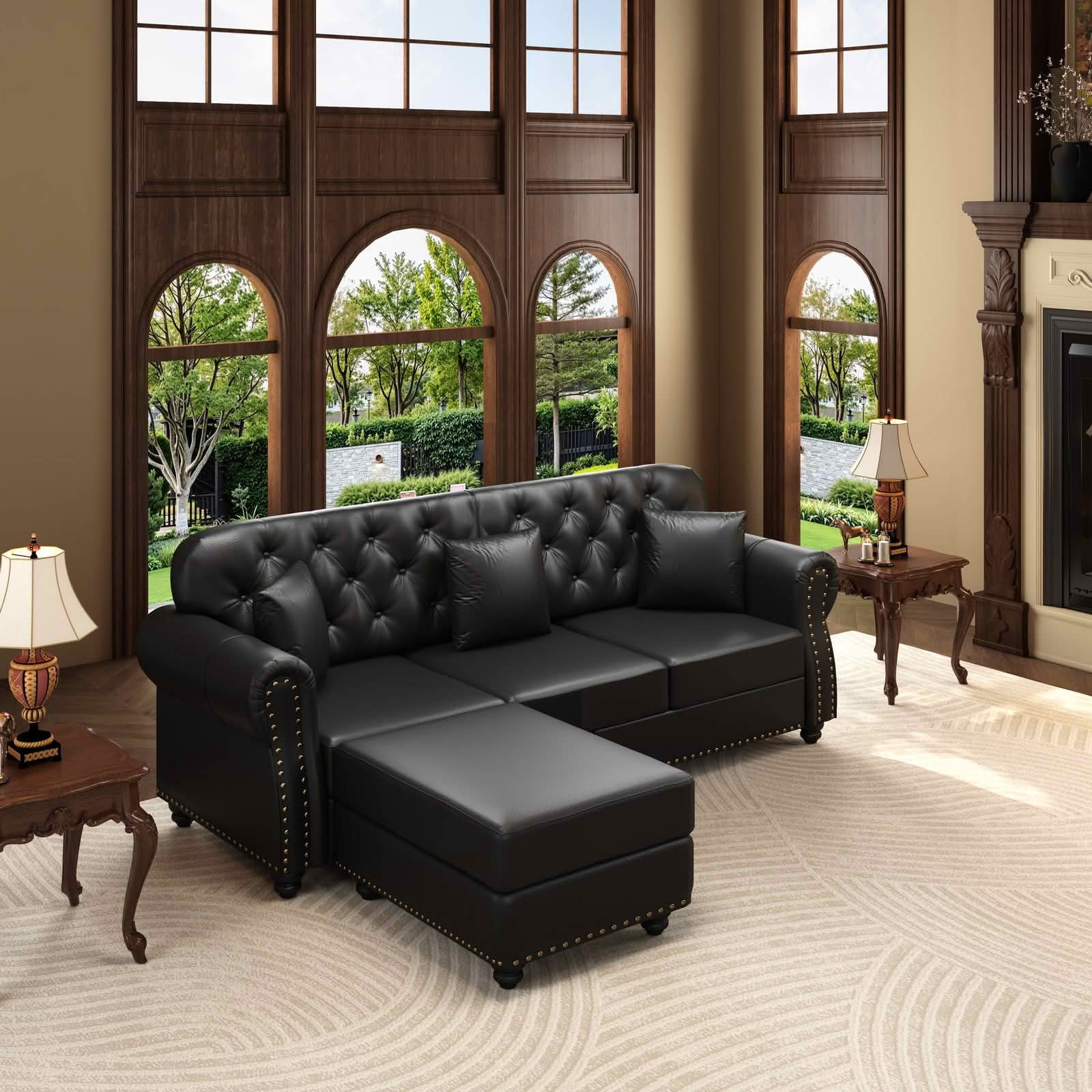 MAYEERTY 82.6" Upholstered Faux Leather 3‑Seater Chesterfield Sofa, Mid‑Century Modern Couch with Button Tufted, Nailhead Trim & Rolled Armrests, Includes 3 Pillows