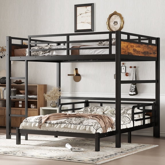 QZYeYun Metal Bunk Bed Full over Full Size with Ladder & Guardrail, Metal Loft Bed for Room, Heavy Duty Sturdy Bed Frame, No Spring Box Needed, Vintage Wood-colored