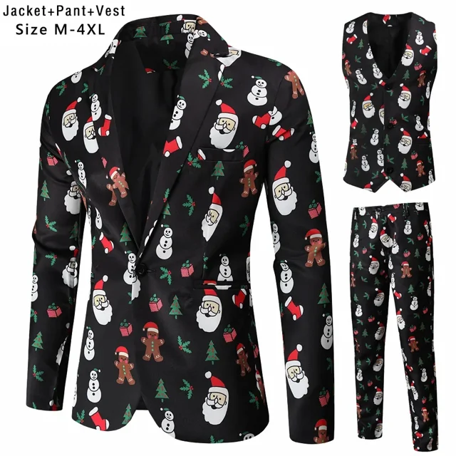 Conjuntos de 3 piezas con estampado de divertidos dibujos animados de Navidad para hombre (chaquetas, chaleco y pantalones), moda para fiesta de graduación y escenario, 2024