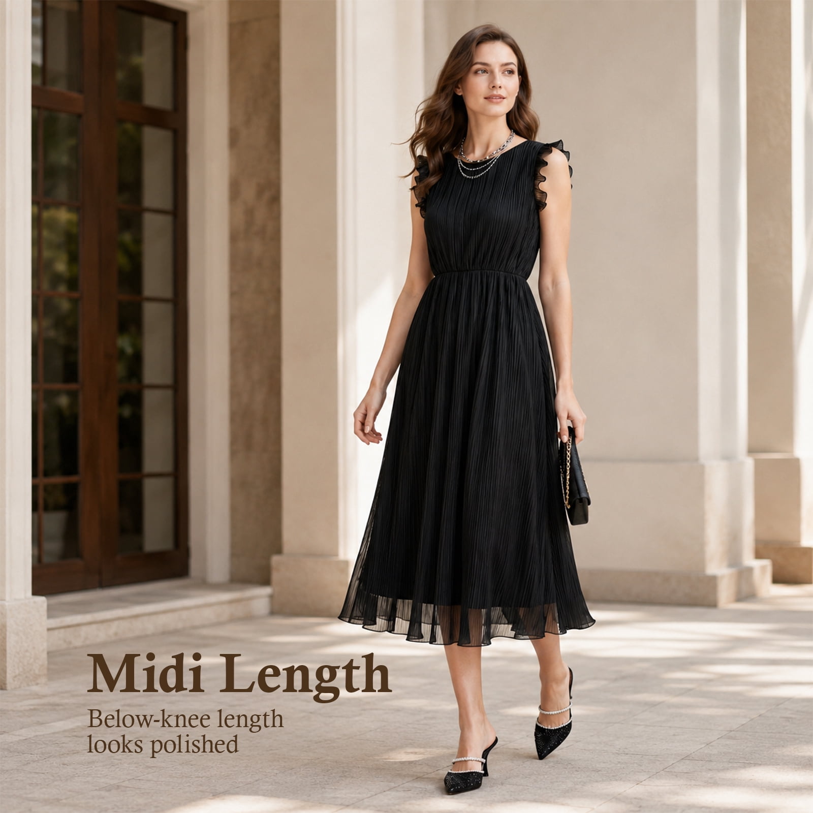 Alvantor Women's Pleated Midi Dress with Ruffle Sleeves, Black