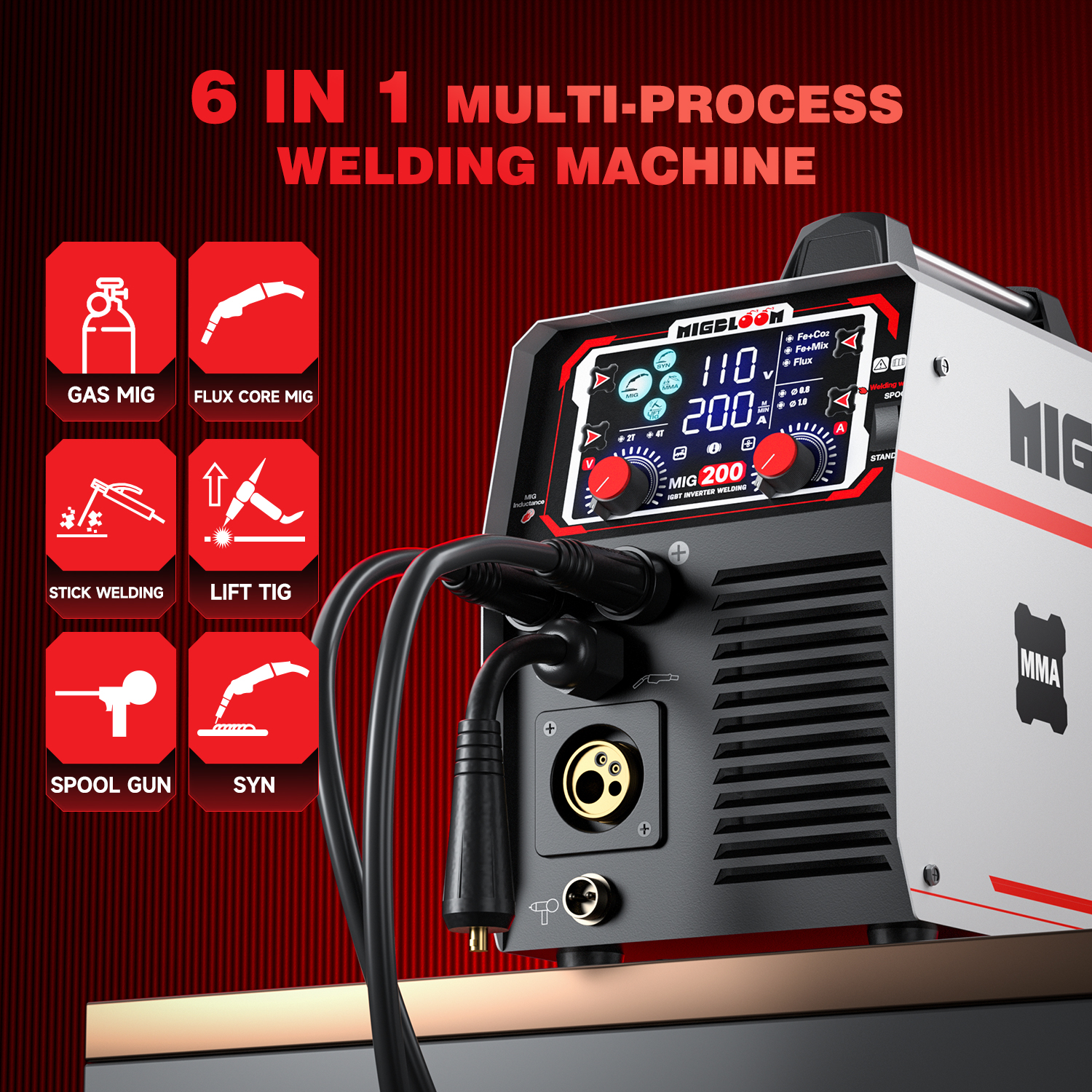 MIGBLOOM 6 in 1 MIG Welder Machine 200A Gas MIG/Gasless Flux Core/Stick/Lift TIG/Spool Gun/Syn MIG Welding Machine,Multiprocess IGBT Inverter Welders