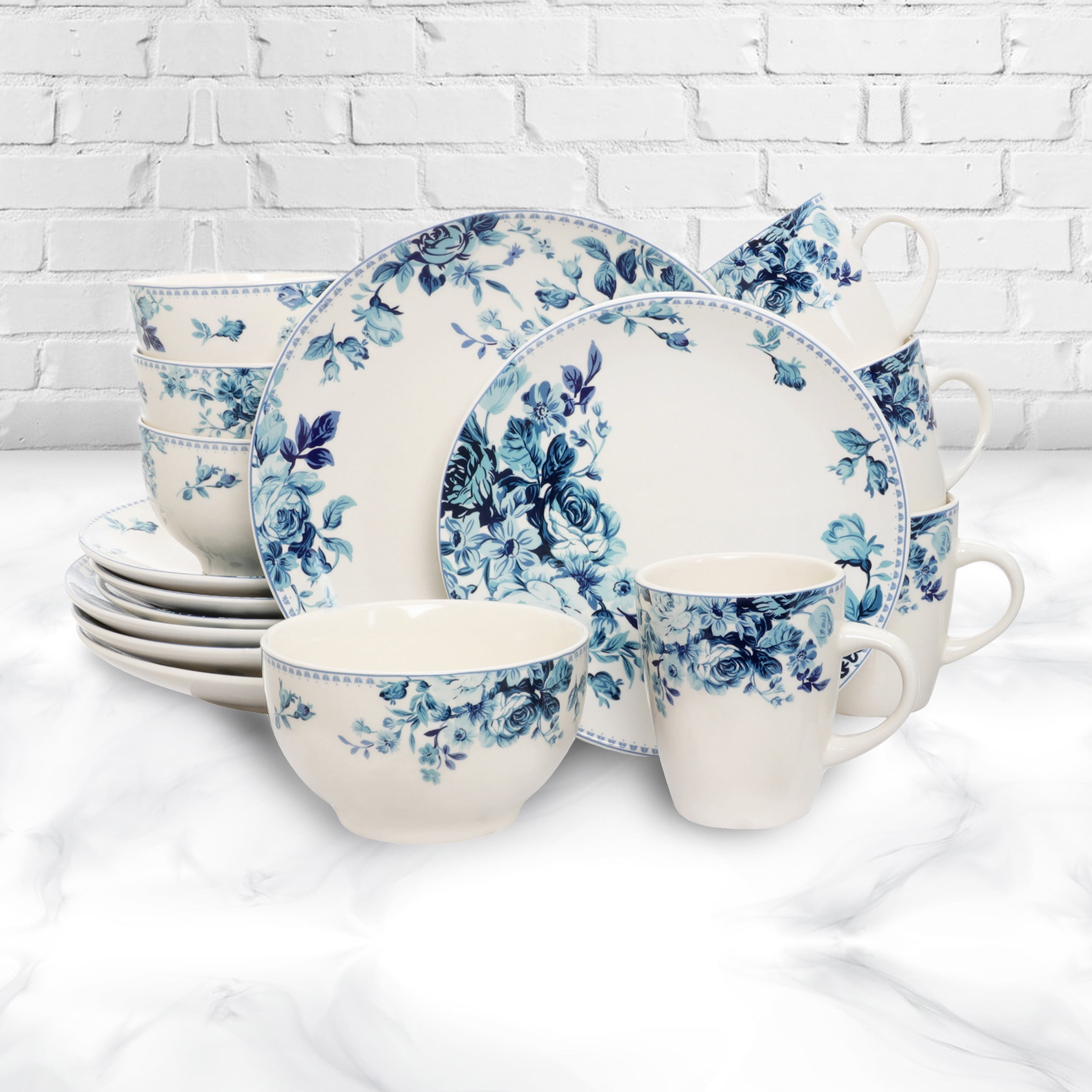 Elama, Dinnerware Set, 16 Piece, Blue Rose Elegant Stoneware 