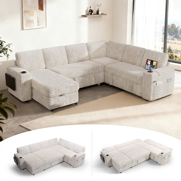 110" Modular Sectional Sleeper Sofa with Pull Out Bed, L-Shaped 7-Seater Couch with Hidden Storage, Cup Holders & USB Charging Ports, Tool-Free Assembly for Living Room