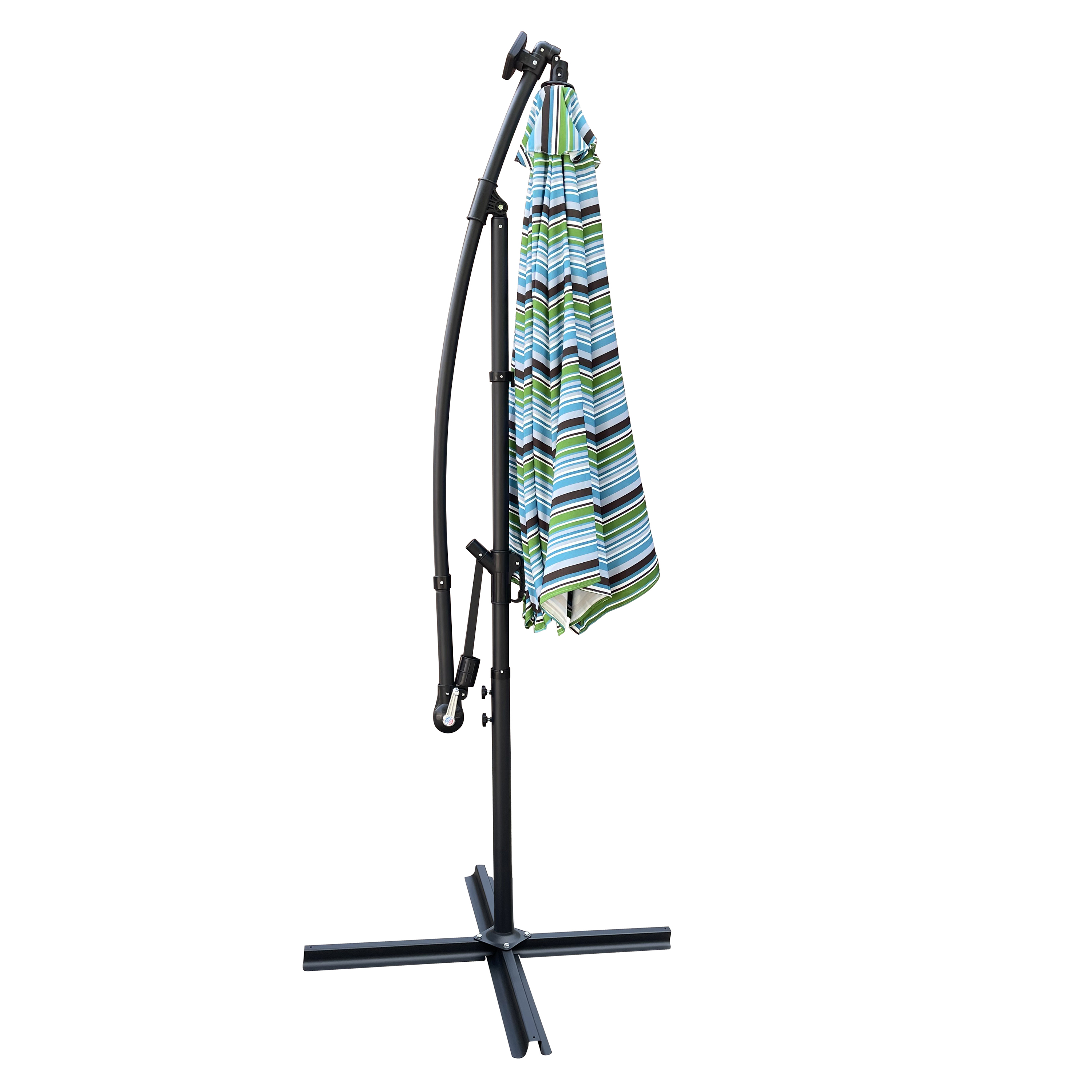 Branax Patio Umbrella, 10 FT Offset Patio Umbrella with Base Included, Outdoor Patio Umbrella with Solar Lights, Crank, Push Button Tilt, Large Patio Umbrella for Garden (Blue Striped) - image 4 of 7