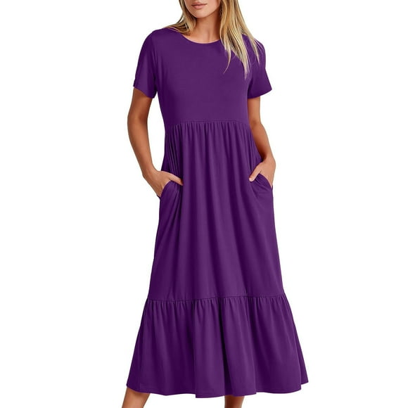 Just Released,Women's Summer Casual Short Sleeve Crewneck Dress Flowy Tiered Maxi Beach Dress with Pockets for Comfortable Outdoor Wear Cozy and Warm|95%Polyester,5%Spandex,Purple,Sopatenor