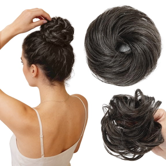 Messy Bun Hair Piece for Women – Wavy Curly Fake Bun Hair Scrunchie Ponytail Extension for Updos, Effortless Voluminous Texture with Natural Movement, Pepper Grey