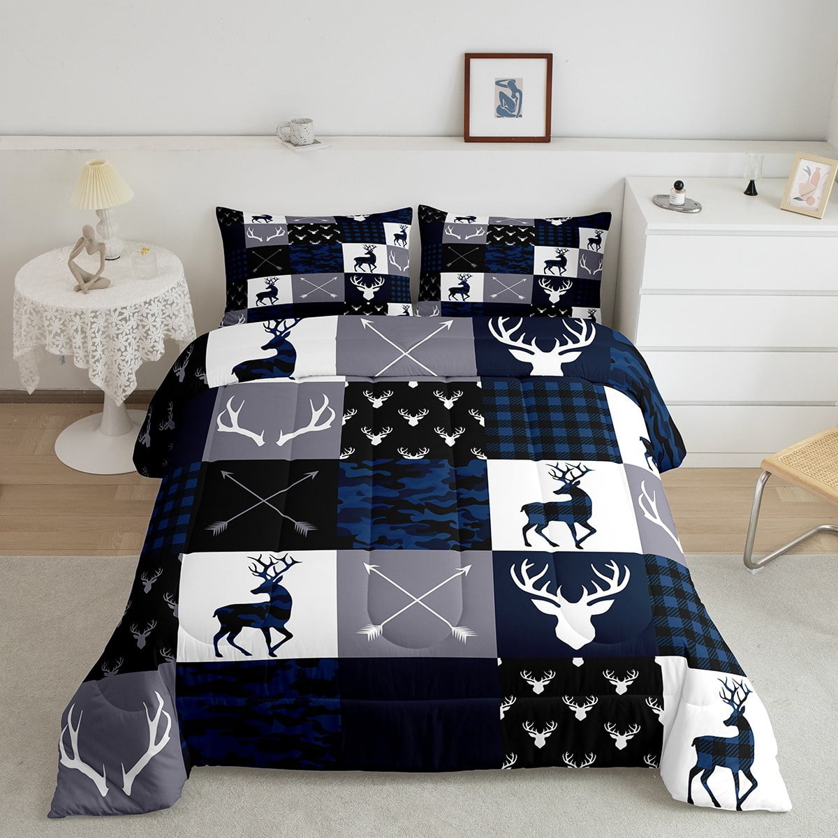Camo Deer Antlers Comforter Set Toddler,Geometric Plaid Patchwork Bedding Set for Kids Teens Girls Boys Room Decor,Boho Arrow Xmas Quilt Set,Blue Grey Duvet Insert