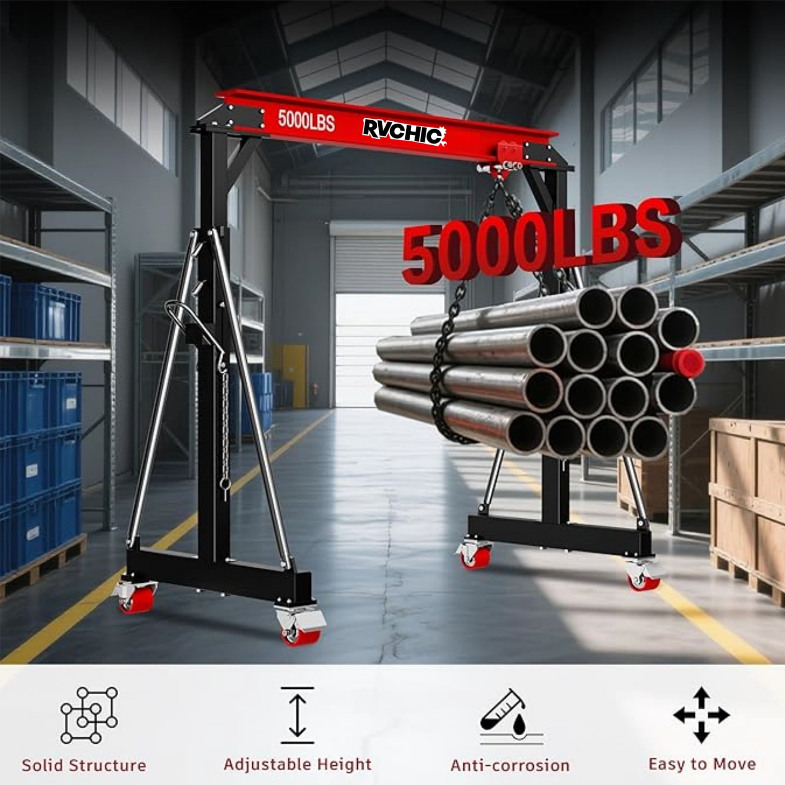 Rvchic 2 Ton Capacity Adjustable Gantry Crane, Steel I-Beam Construction Lift Hoist Rated 5000 LB with Locking Wheels,8.53-12.47ft Adjustable Height for Warehouse