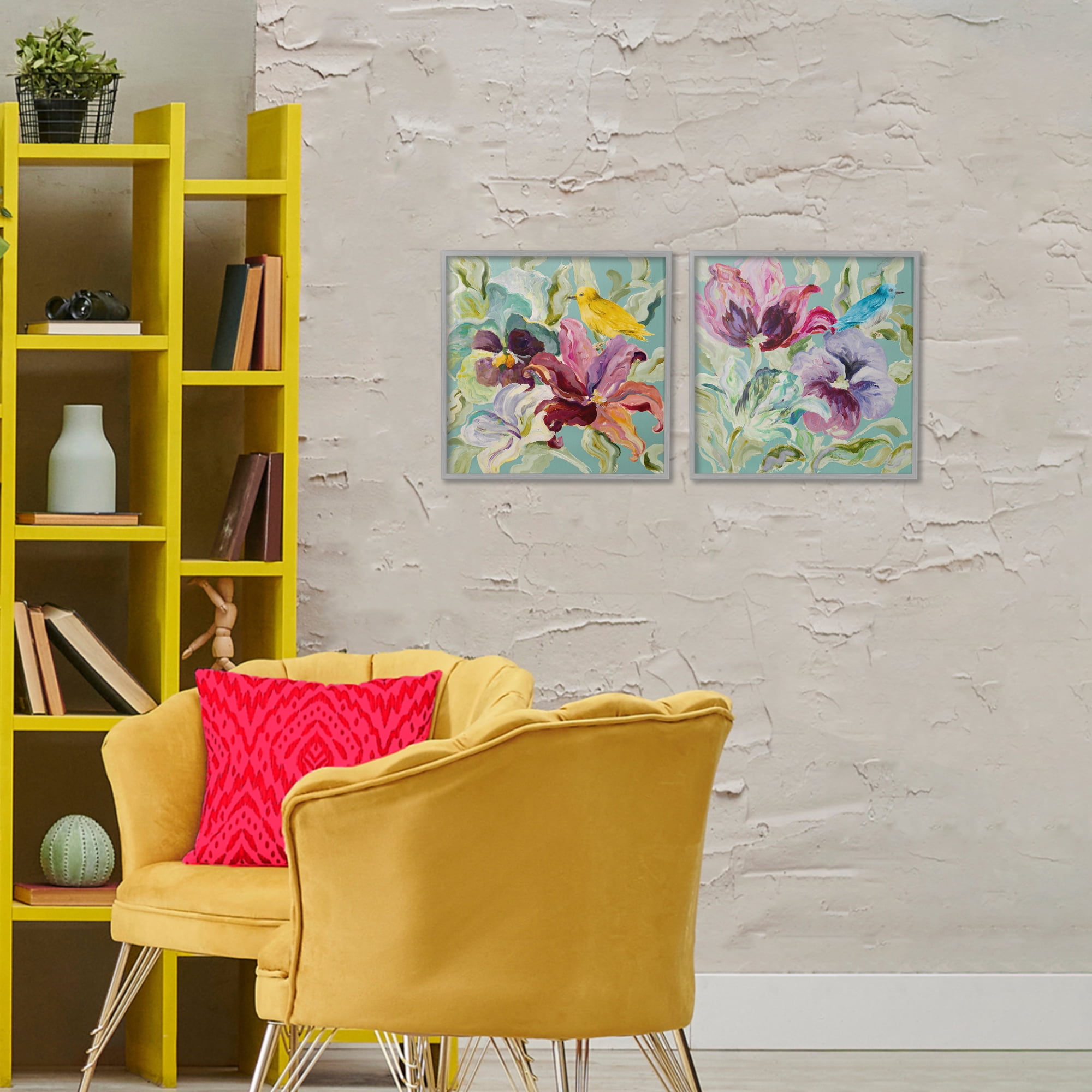 Stupell Industries Lyrical Garden Canaries 2 Piece Gray Framed Giclee Art Set, design by Lanie Loreth