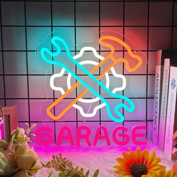 Garage Neon Sign for Wall Decor, Dad's Garage LED Light Car Sign for Auto Repair Shop, Man Cave, Workshop Gift for Father, USB Powered Light Up Signs