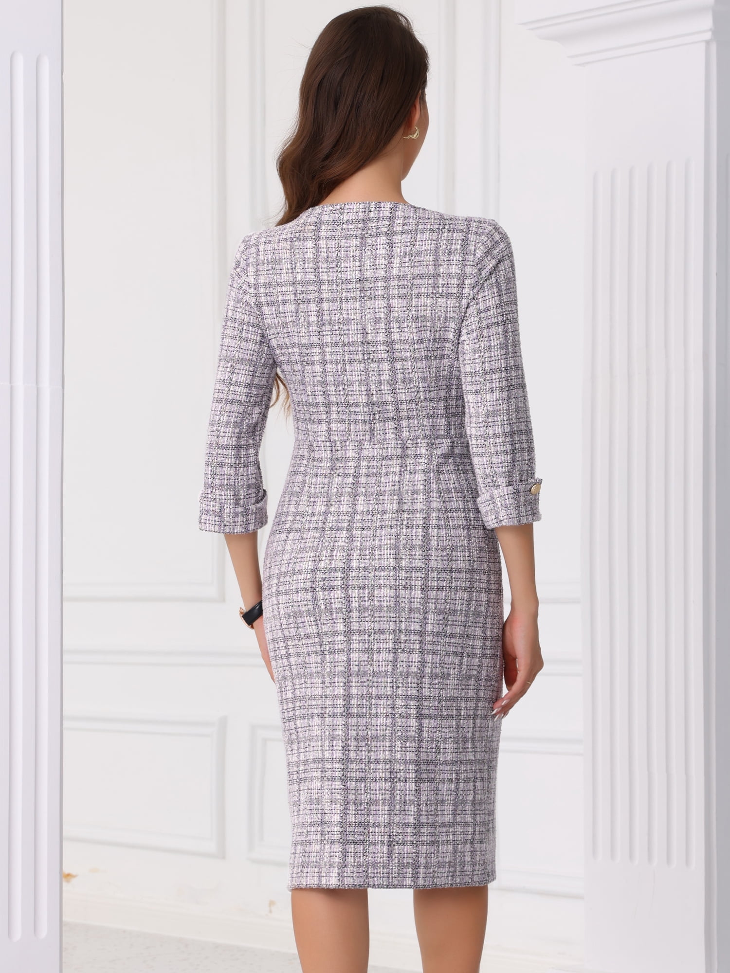 DARING DIVA Women's Tweed Fall Elegant Boat Neck 3/4 Sleeve Dress XL White Purple