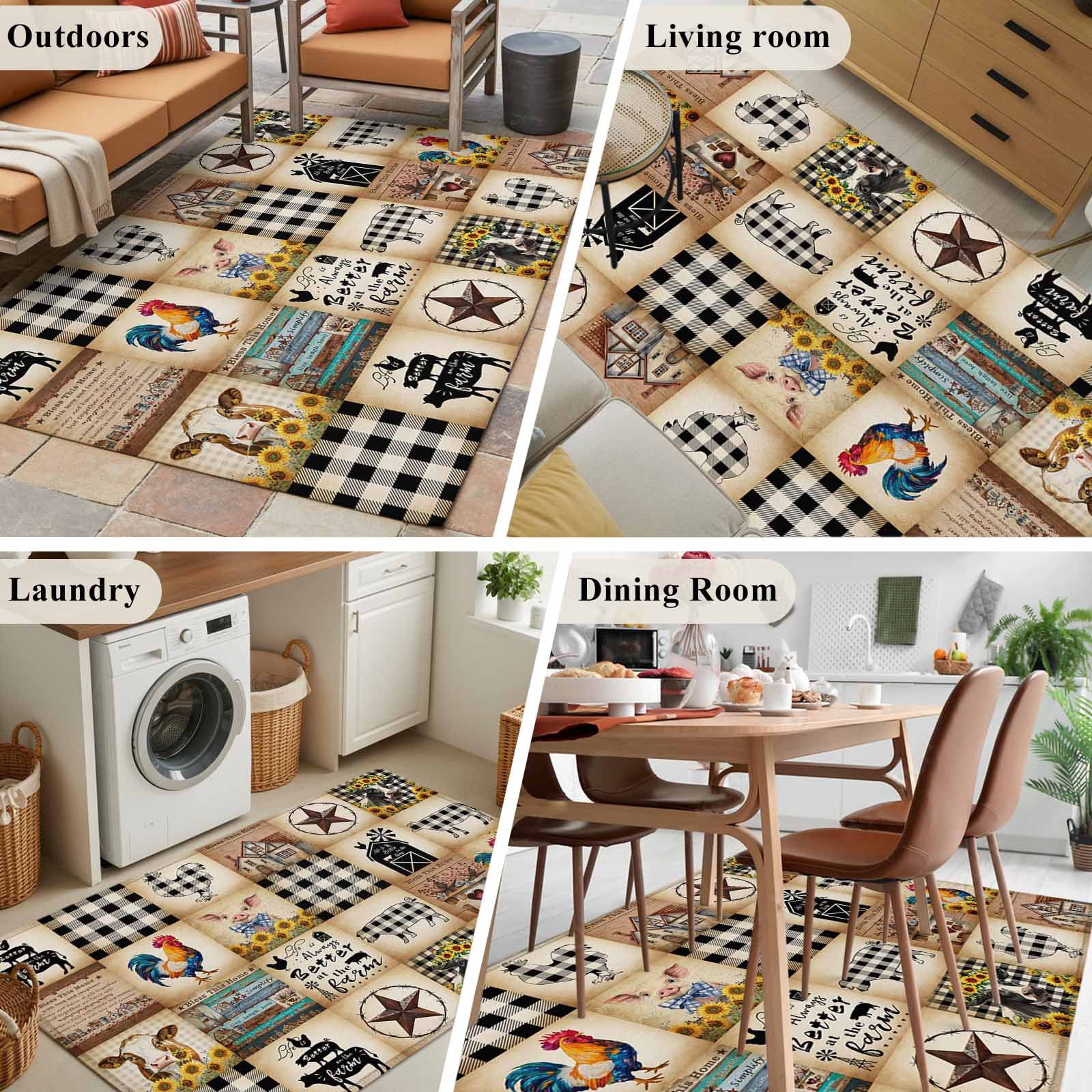 3'x5' Area Rugs, Animals Farmhouse Indoor Outdoor Area Rug for Living Room Bedroom, Vintage Farm Country Star Brown Plaid Washable Bathroom Rugs Kitchen Floor Carpet Mats Home Decor Aesthetic