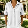 thumbnail image 5 of Naotn Summer Shirts for Women Fashion Casual Loose Fit Solid Color Snap Button Lapel Neck Short Sleeve Tops Trendy Vacation Beach Blouses, 5 of 7