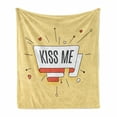 thumbnail image 1 of Kiss Me Soft Flannel Fleece Throw Blanket, Retro Words on a Swirled Stripe with Hearts on Halftone Background, Cozy Plush for Indoor and Outdoor Use, 50" x 70", Orange Pale Yellow Grey, by Ambesonne, 1 of 6