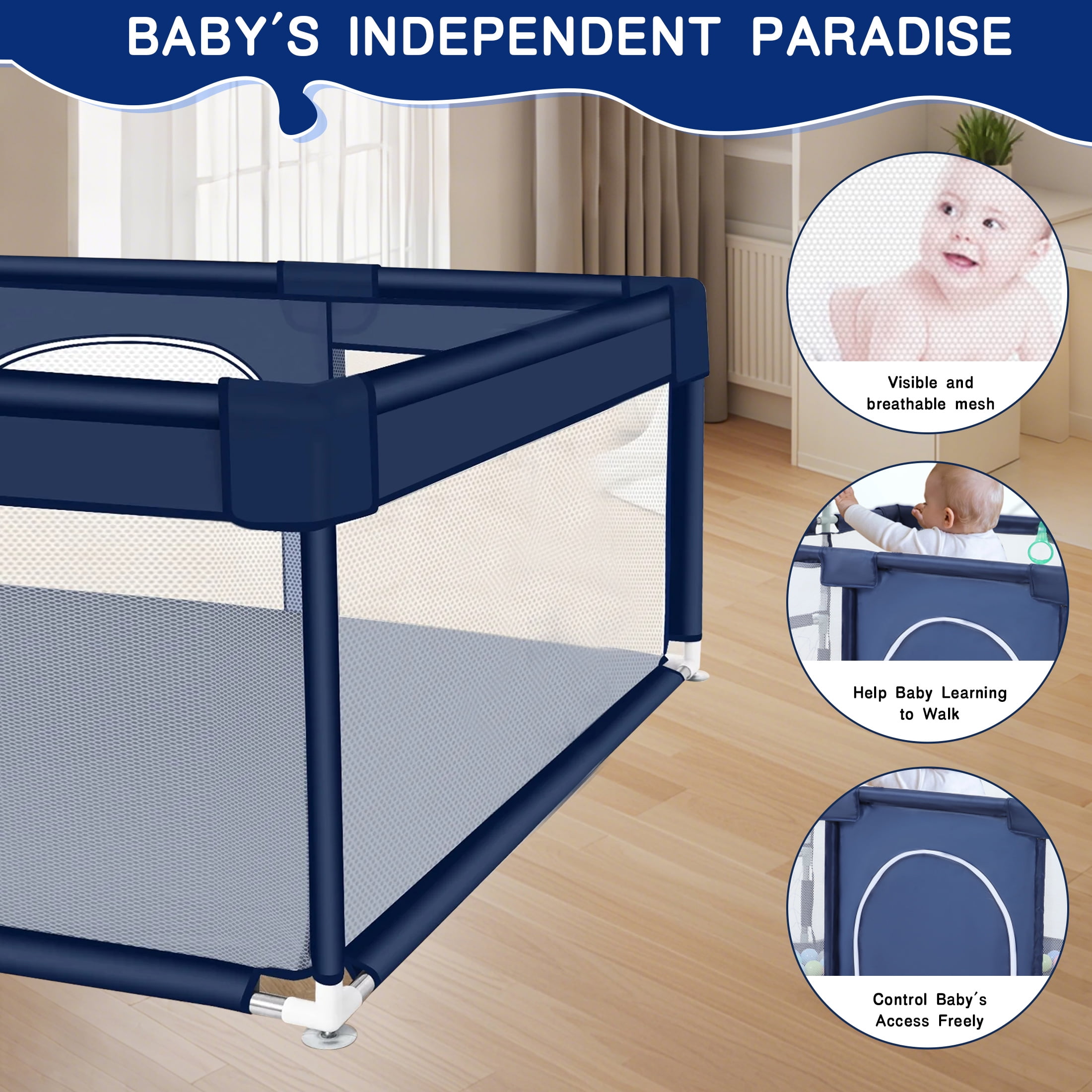 HioHa Large Baby Playpen with Mat | Premium Spacious Play Yard (71“), Sturdy Steel Frame & See-Through Mesh for Safety | Easy Fold, Portable for Indoor Outdoor Use
