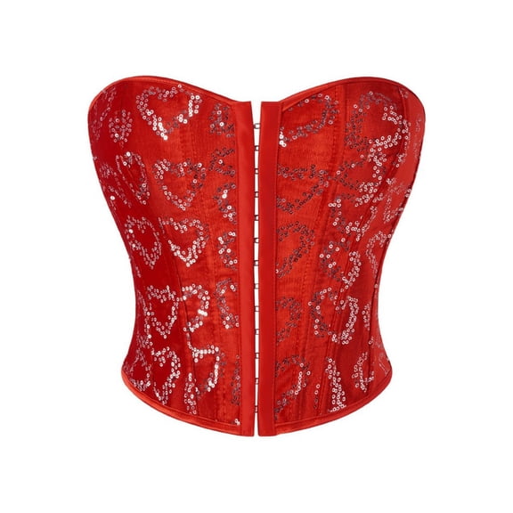 QQZ Strapless Heart Sequin Corset Top For Women, Front Hook Tummy Control Waist Trainer Vintage Bustier Corset For Club Party Cosplay