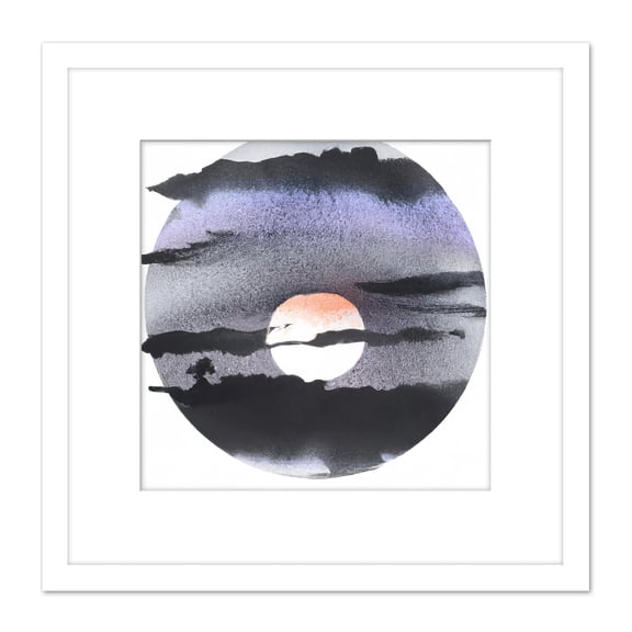 Full Moon Moonrise Cloudy Night Watercolour Painting Square Wooden Framed Wall Art Print Picture 8X8 Inch