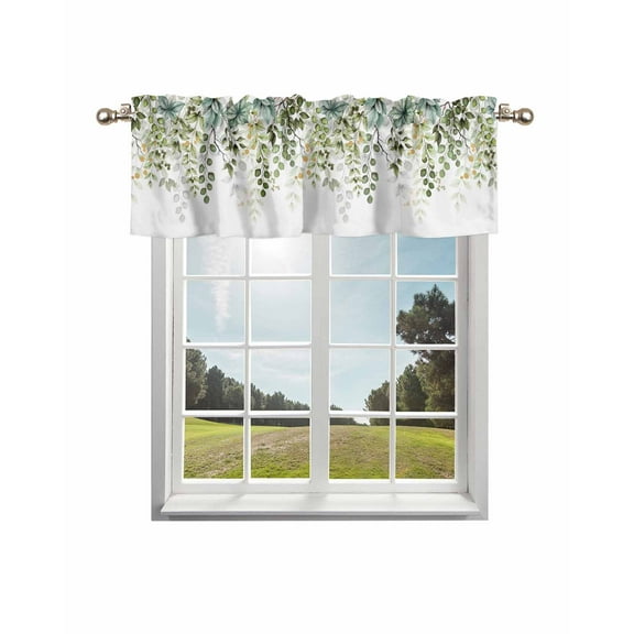 Green Eucalyptus Leaves Kitchen Curtain Valances for Windows Farmhouse Short Curtains, Summer Botanical Weeping Rod Pocket Valance Curtain for Bedroom Cafe Living Room 42"x18"