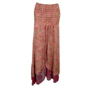 Mogul Womens Maxi Skirt Vintage Silk Sari Peach Two Layered Beach Dress