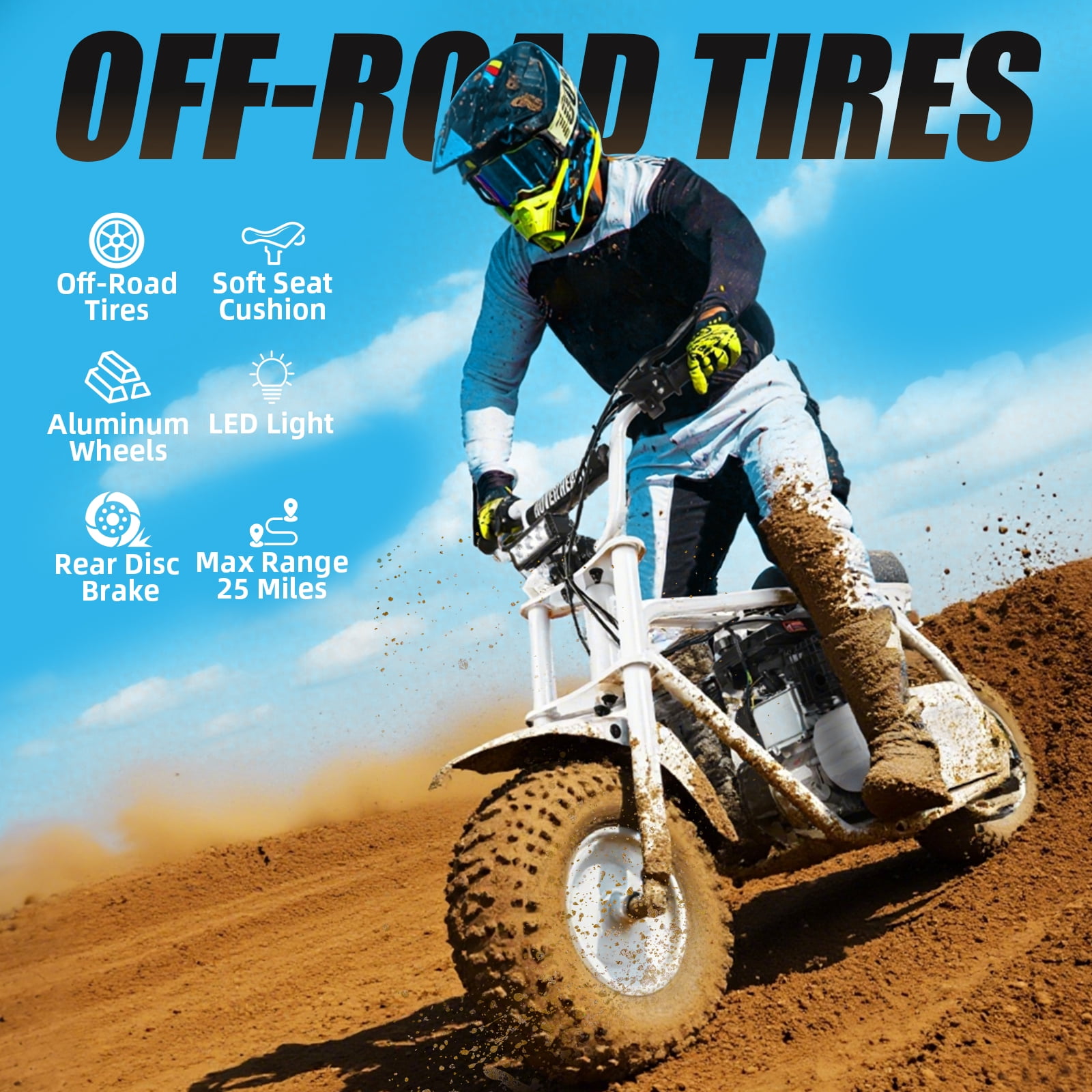 99cc Dirt Bike, Gas Powered, 4-Stroke with LED Headlight, 25MPH Minibike Trail Bike, Pull Start, Poucket Bike for Teenager and Adult, Summer Gift