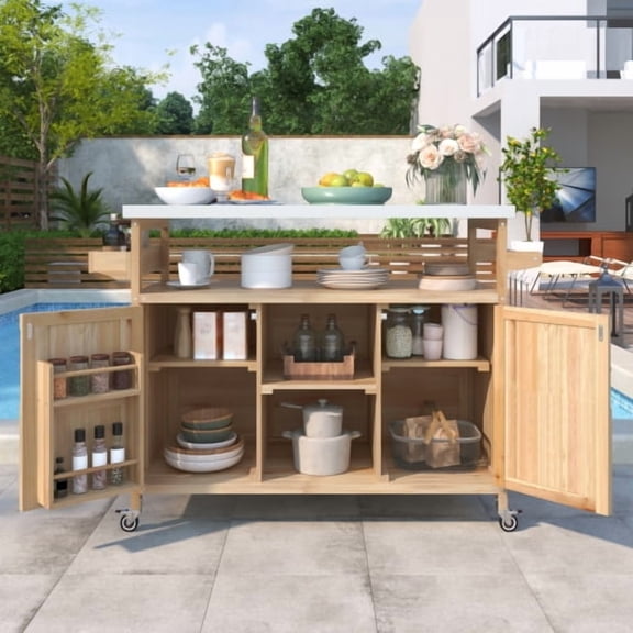 Outdoor Kitchen Island with Stainless Steel Top, Rolling Bar Cart & Storage Cabinet, Farmhouse Solid Wood Grill Prep Table for BBQ Patio Backyard, Natural