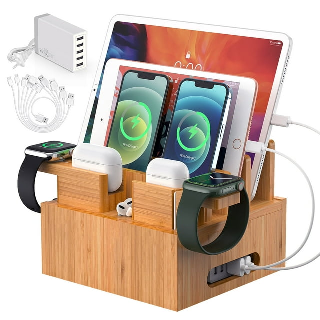 Pezin & Hulin Bamboo Charging Station Organizer for Multiple Devices, featuring a premium bamboo design with slots for up to 8 devices, including cell phones, tablets, smartwatches, and earbuds. Includes a 5-port USB charger, 6 short USB cables (3 Apple, 1 Type-C, 2 Android), and 2 stands for watches and earbuds. The magnetic base allows for easy assembly and cable management, keeping cords hidden and organized. Ideal for home, office, classrooms, and other multi-device environments.