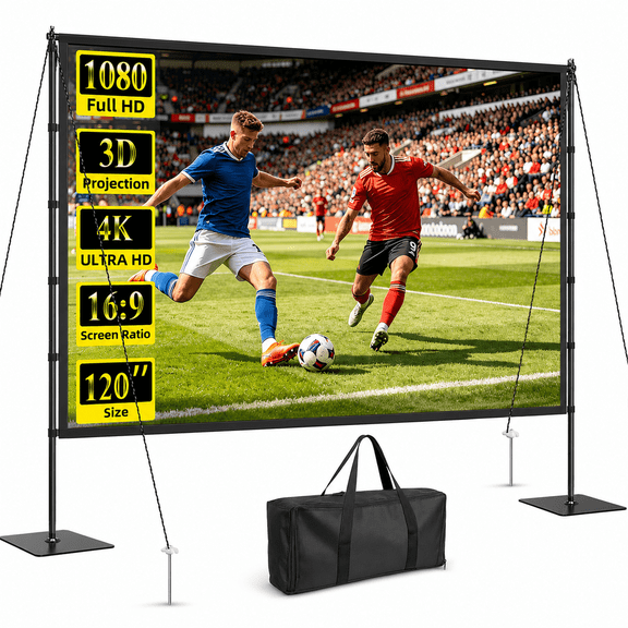 TIKBBRMG Projector Screen with Stand, 120inch Portable Outdoor Indoor Projection Screen, 16:9 4K HD Movie Screen with Carry Bag, Ropes and Ground Stakes for Backyard, Camping, Theater