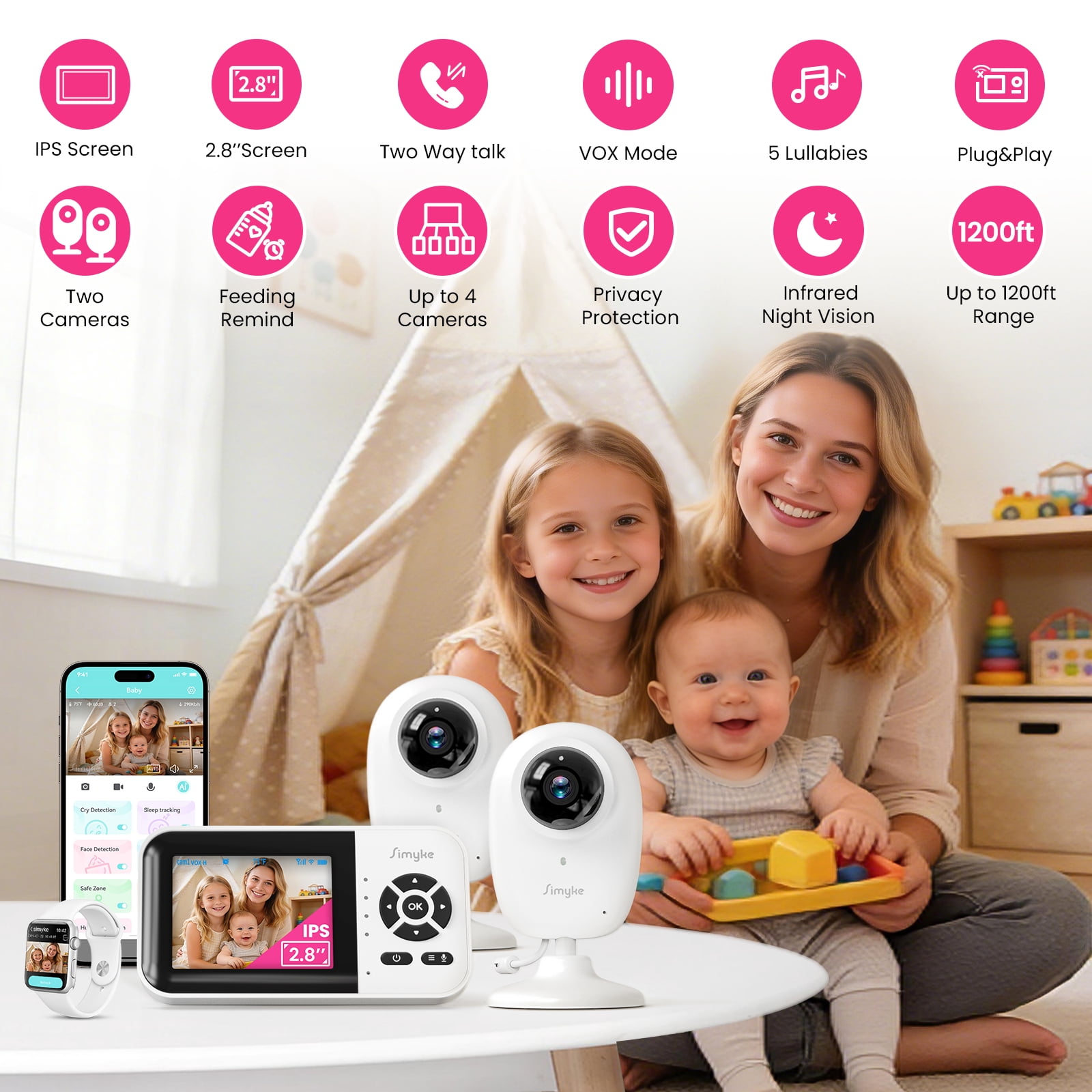 1080p Smart 2Camera Video BabyMonitor,Wifi On/Off Switch,2.8" inch Display or WiFi Remote Access,NightVision,1500ft Long Range,2-Way Talk,Sound Alert,Temperature Sensor,Lullabies Feeding Remind