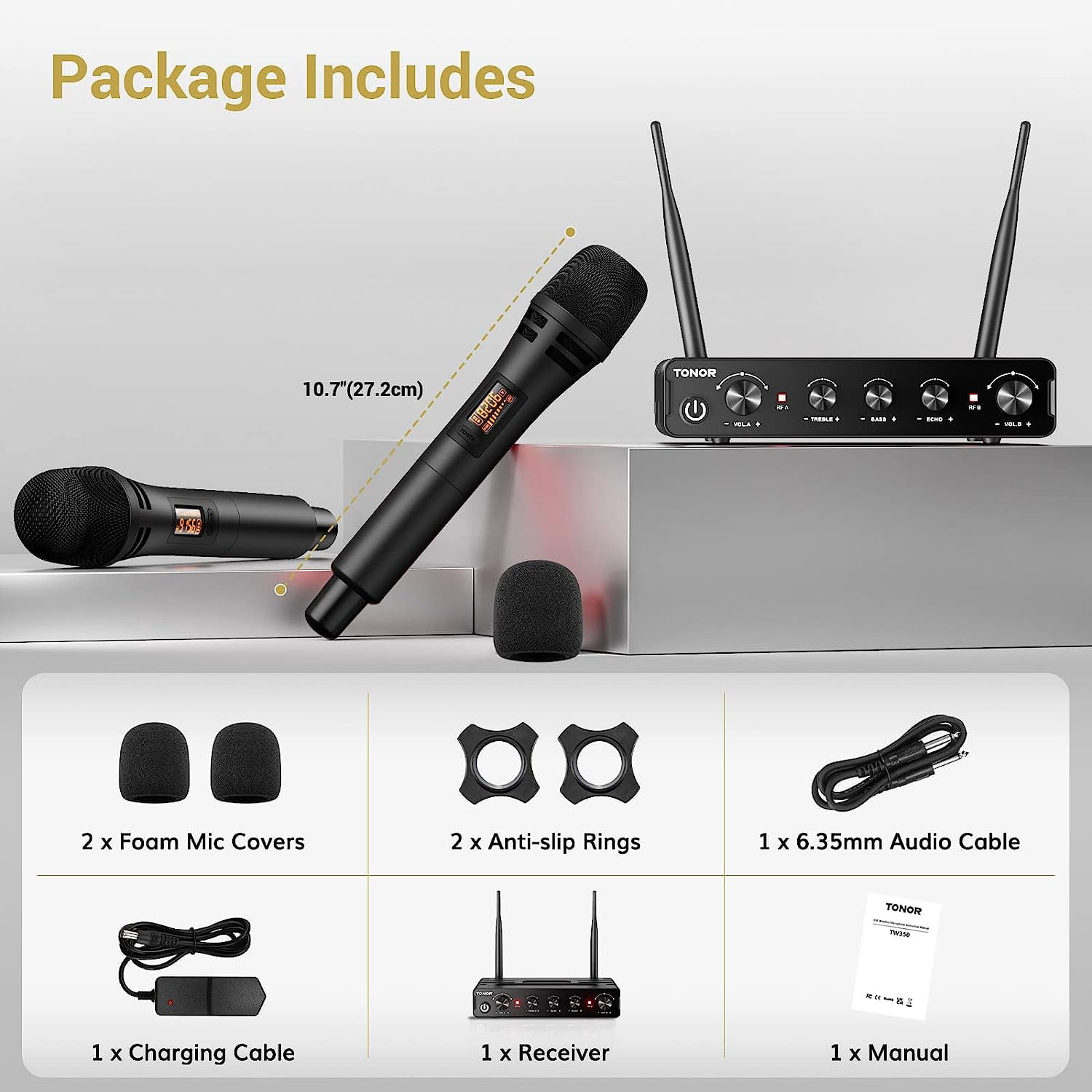 TONOR Wireless Microphone Systems Professional UHF Cordless Karaoke Microphones Handheld TW350 Black
