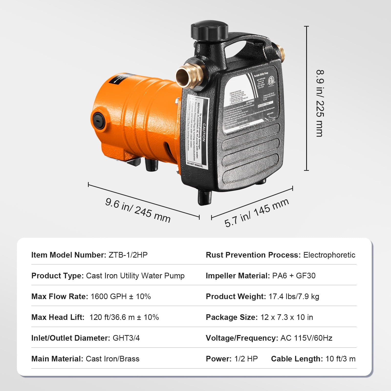 VEVOR 1/2HP 1600 GPHCast Iron Utility Water Transfer Pump Portable Utility Pump