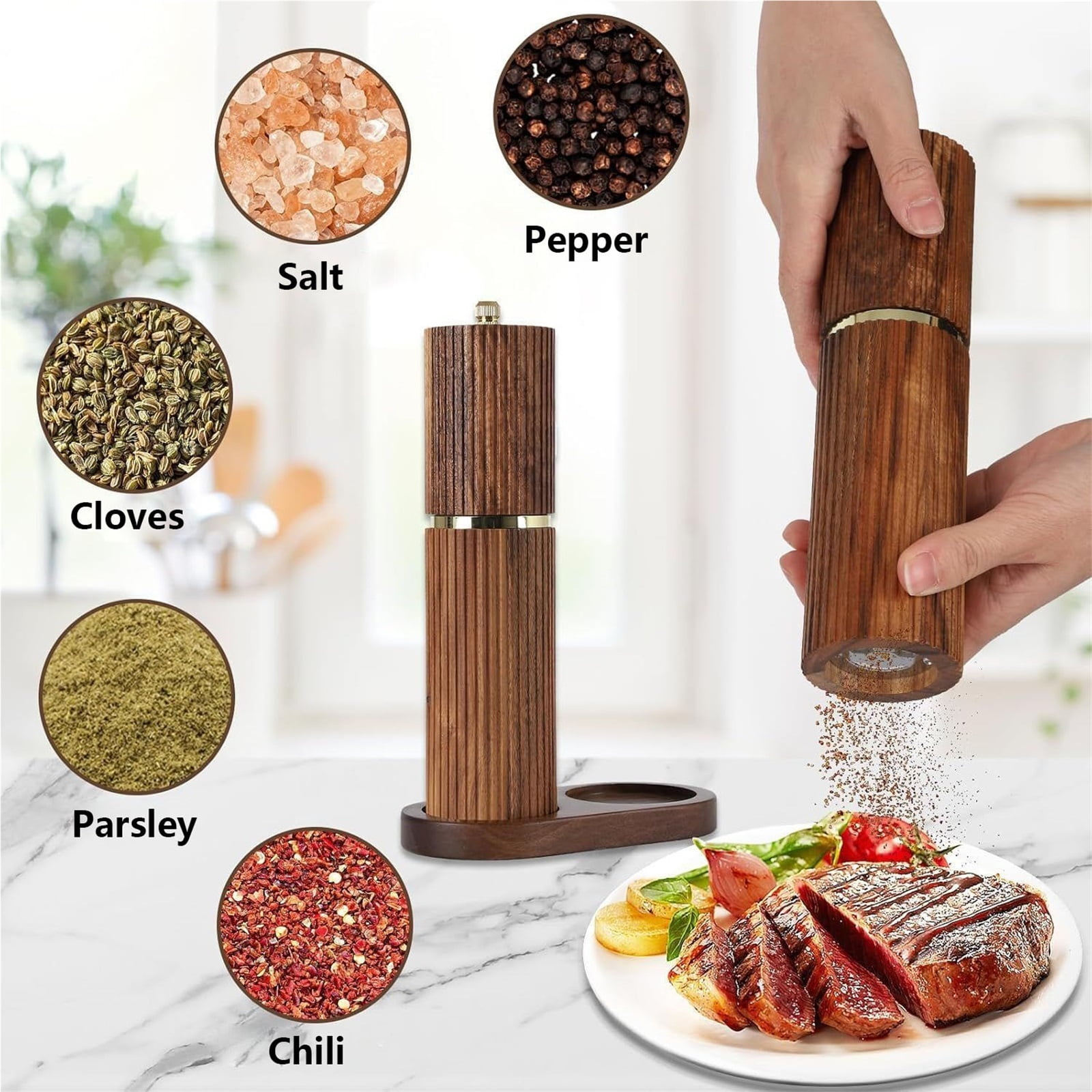 Wooden Salt and Pepper Grinder Set with Wooden Tray, Refillable Salt and Pepper grinder with Adjustable Coarseness
