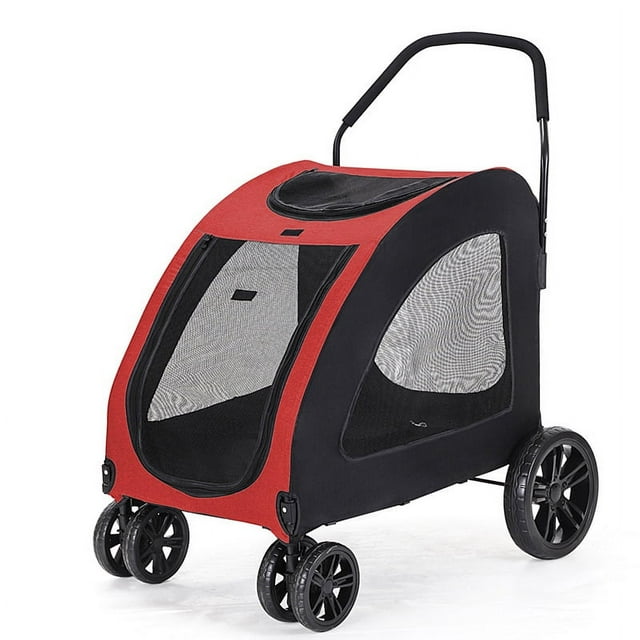 Foldable Dog Stroller Full Zipper Large Space Strong Bearing Capacity Breathable Pet Stroller for Outdoor Travelling Red