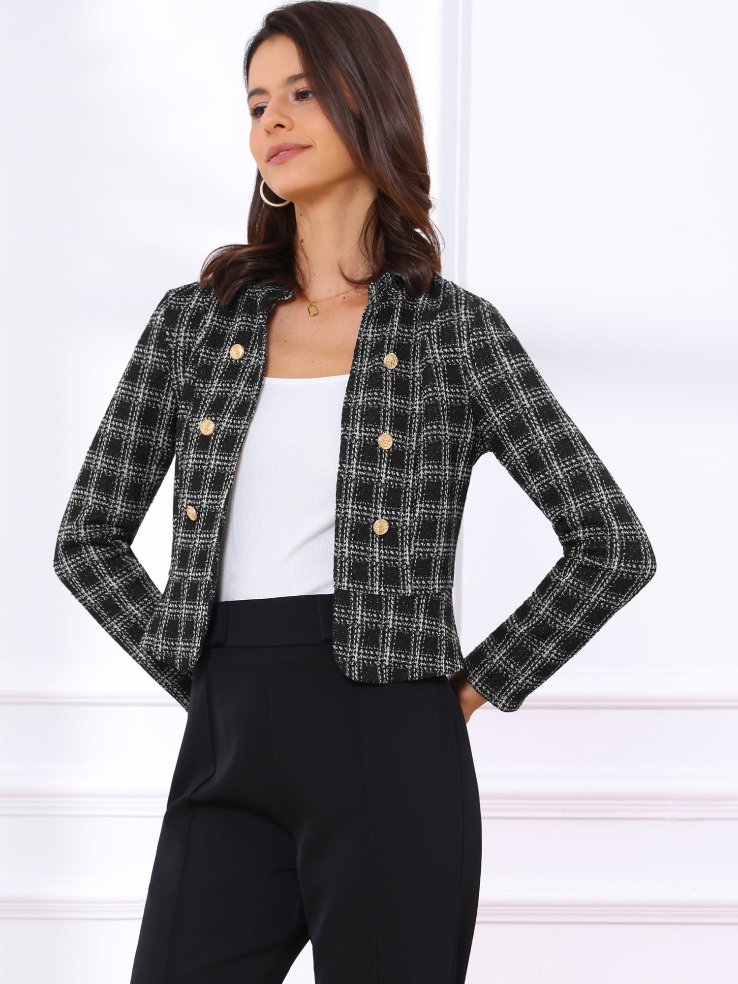 DARING DIVA Women's Elegant Plaid Tweed Blazer Band Collar Jacket M Black White