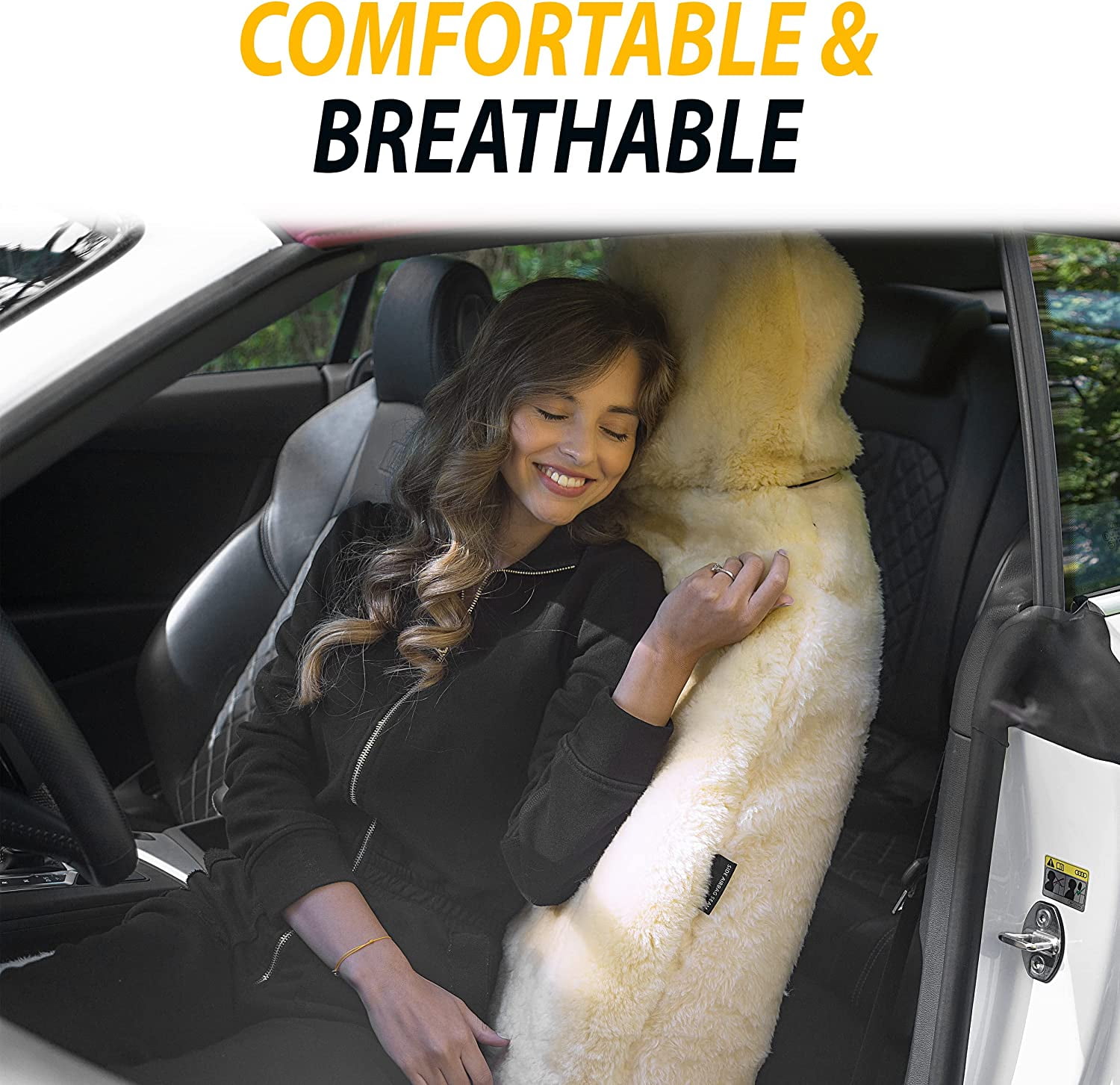 Zone Tech Genuine Sheepskin Ivory Car Seat Cover, Fluffy Luxury Wool Front Seat Covers, Universal Fits Car, Truck, SUV, & Van