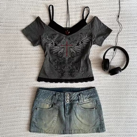 Trendfront Womens Gothic Cross Wings Graphic T Shirt Cold Shoulder Layered Two Piece Tee Short Sleeve Slim Fit Lace Dark Grunge Punk Emo Tops
