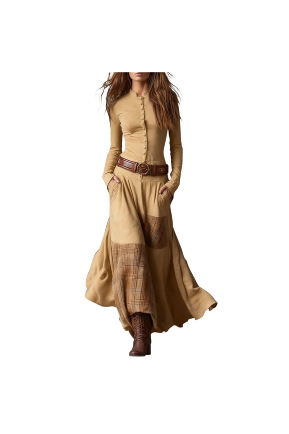 Women's Vintage Western Plaid Maxi Dress Plaid Suede Dress with Pockets Buttons and Belt Fishtail Long Sleeve Boho Dresses Yellow XXXL