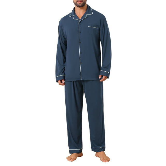 INSPIRAR CHIC Conjunto de Pijamas Casuales de 2 Piezas de Manga Larga de Color Sólido para Hombre M Azul Oscuro