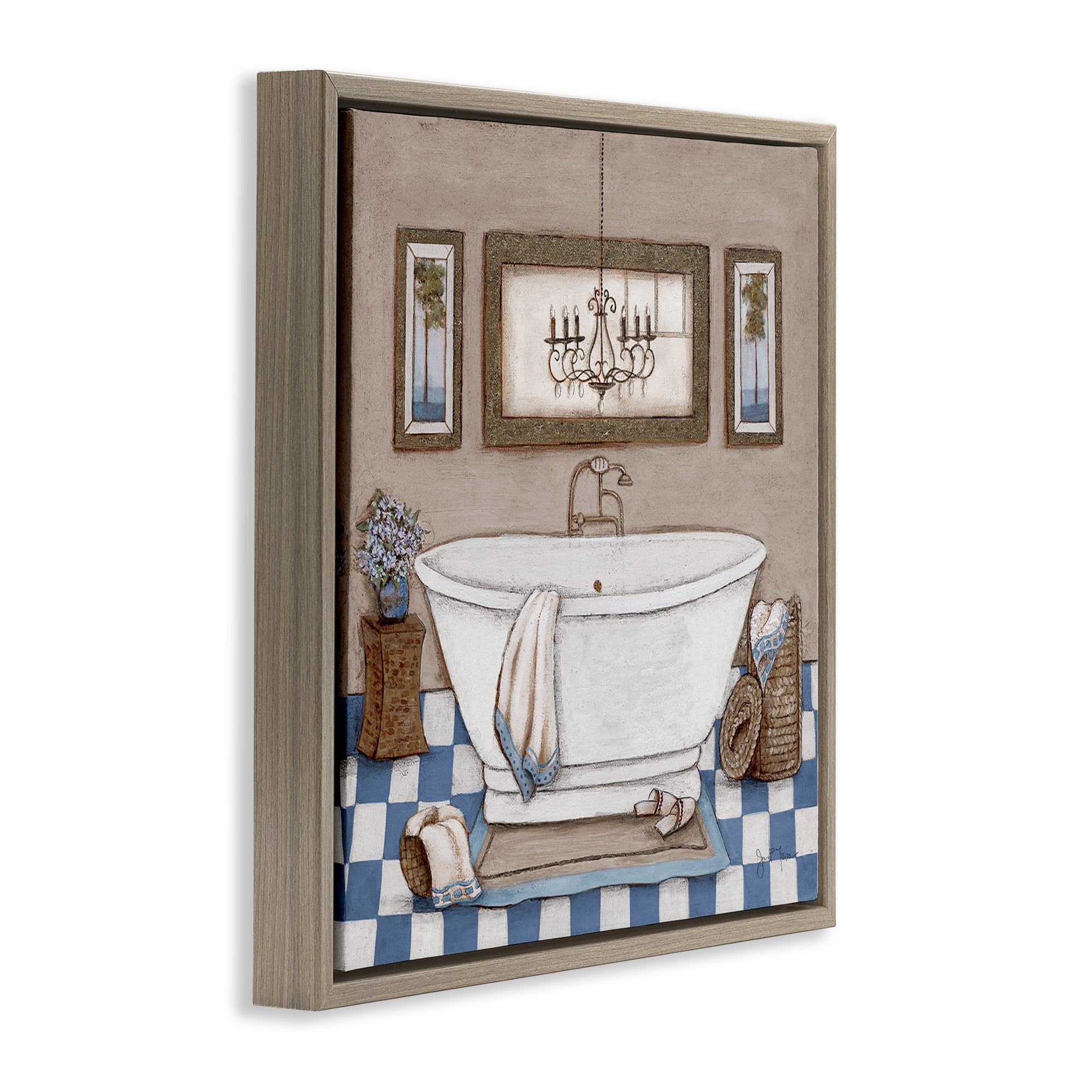 Stupell Industries Checkered Bathroom & Chandelier Brown Framed Floater Canvas Wall Art, design by Janet Tava