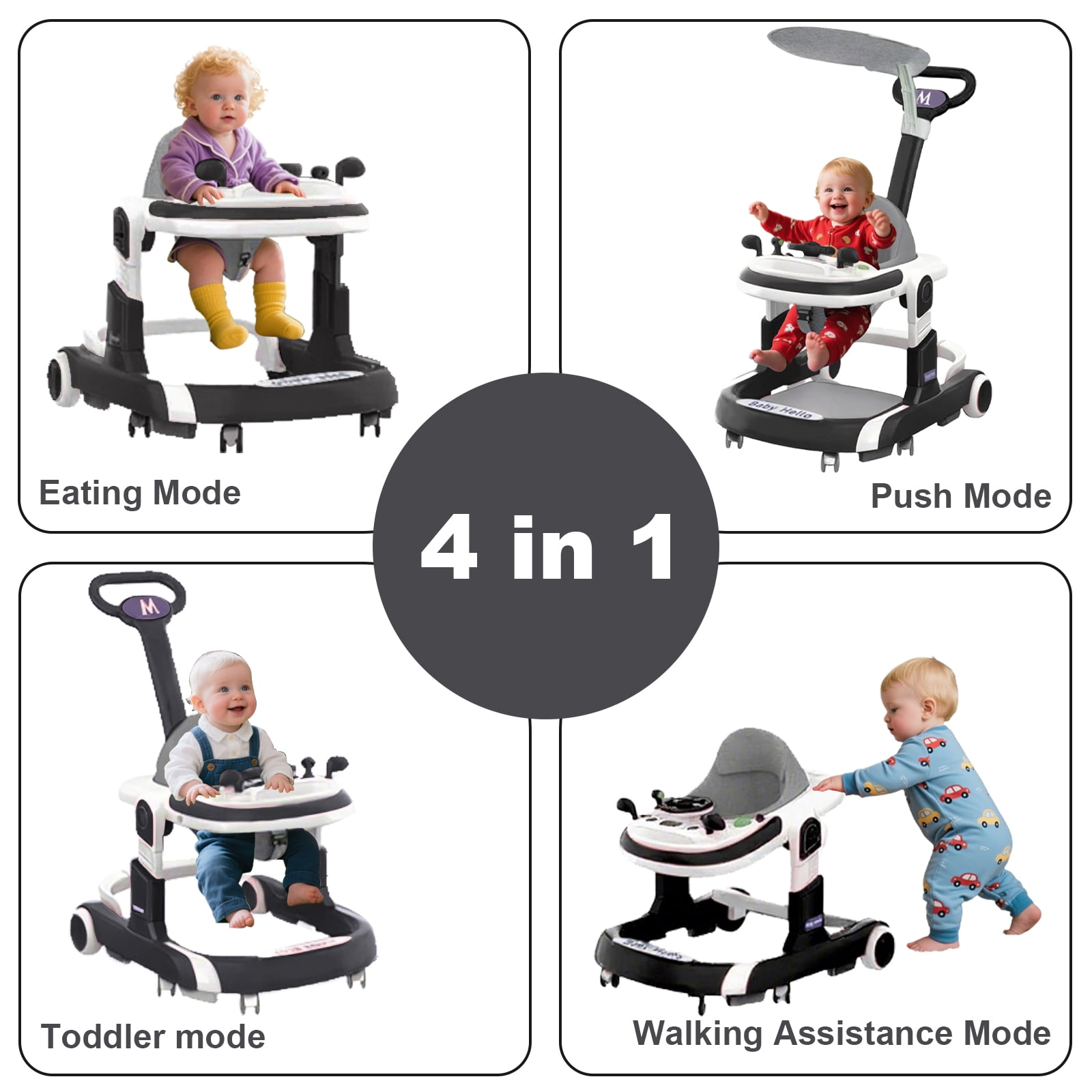 MINGYI 4-in-1 Baby Walker - Multi-functional, Height Adjustable, Foldable Design (Black)